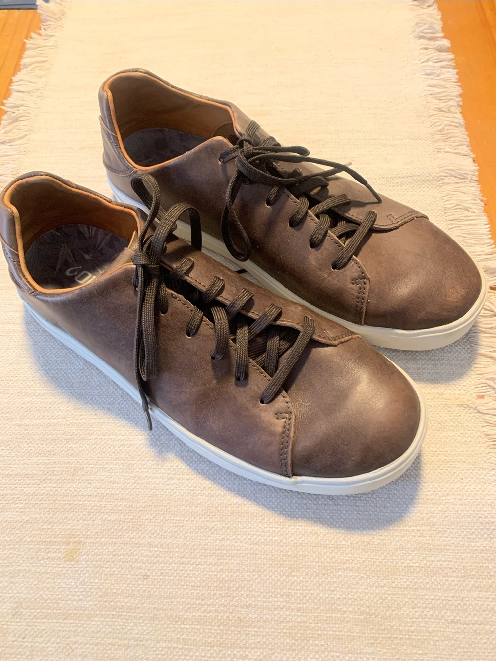 OluKai Men’s Dark Brown Leather Lace-Up Sneakers with White Sole